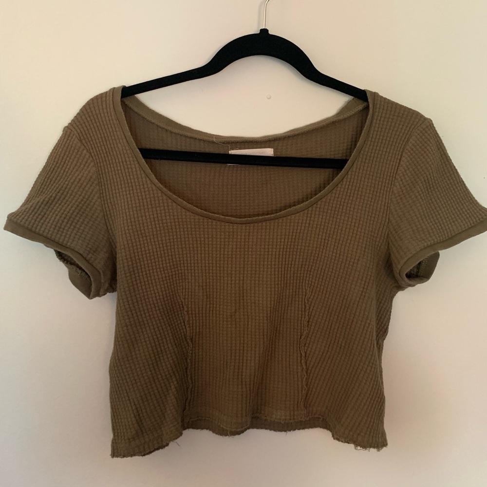 Urban Outfitters Olive Green Waffle Short Sleeve Crop Top, Size Medium